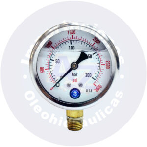 MANOMETRO CON GLICERINA CARATULA  2 1/2 " CONEXI?N LATERAL  1/4" NPT RANGO (0 A 3,000) PSI/BAR REF:  0-3,000 PSI - COD:009102