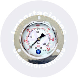 MANOMETRO CON GLICERINA CARATULA  2 1/2 " CONEXI?N TRASERA 1/4" NPT RANGO (0 A 3,000) PSI/BAR REF:  0-3,000 PSI - COD:009107