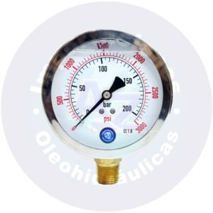 MANOMETRO CON GLICERINA CARATULA 4" CONEXI?N LATERAL 1/2" NPT RANGO (0 A 3,000) PSI/BAR REF:  0-3,000 PSI - COD:009110