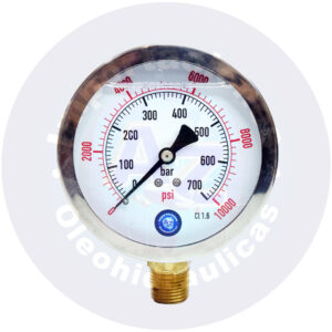MANOMETRO CON GLICERINA CARATULA  2 1/2 " CONEXI?N TRASERA 1/4" NPT RANGO (0 A 10,000) PSI/BAR REF:  0-10,000 PSI - COD:009109